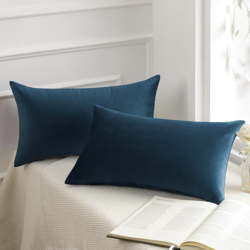 Phantoscope Pack of 2 Velvet Decorative Throw Decorative Pillow Cover Soft Solid Square Cushion Case for Couch Dark Blue 12 x 20 inches 30 x 50 cm - Image 1